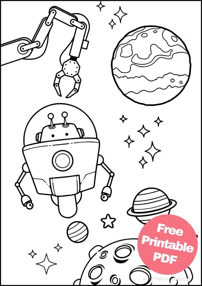 Robot Coloring Page for Kids Bot Droid planets outer space arm