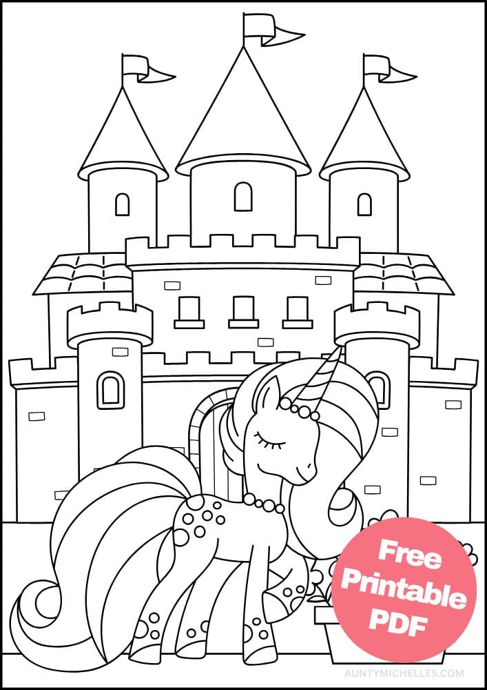 Princess Unicorn Coloring Page for Kids castle flowers