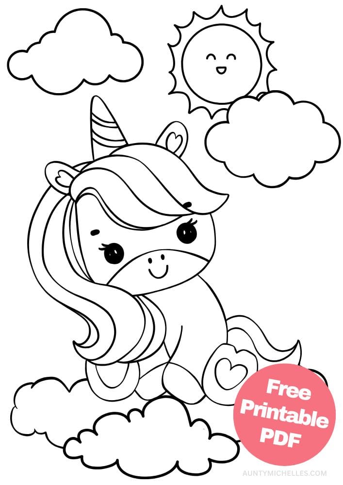 Unicorn Coloring Page for Kids cloud sun cute