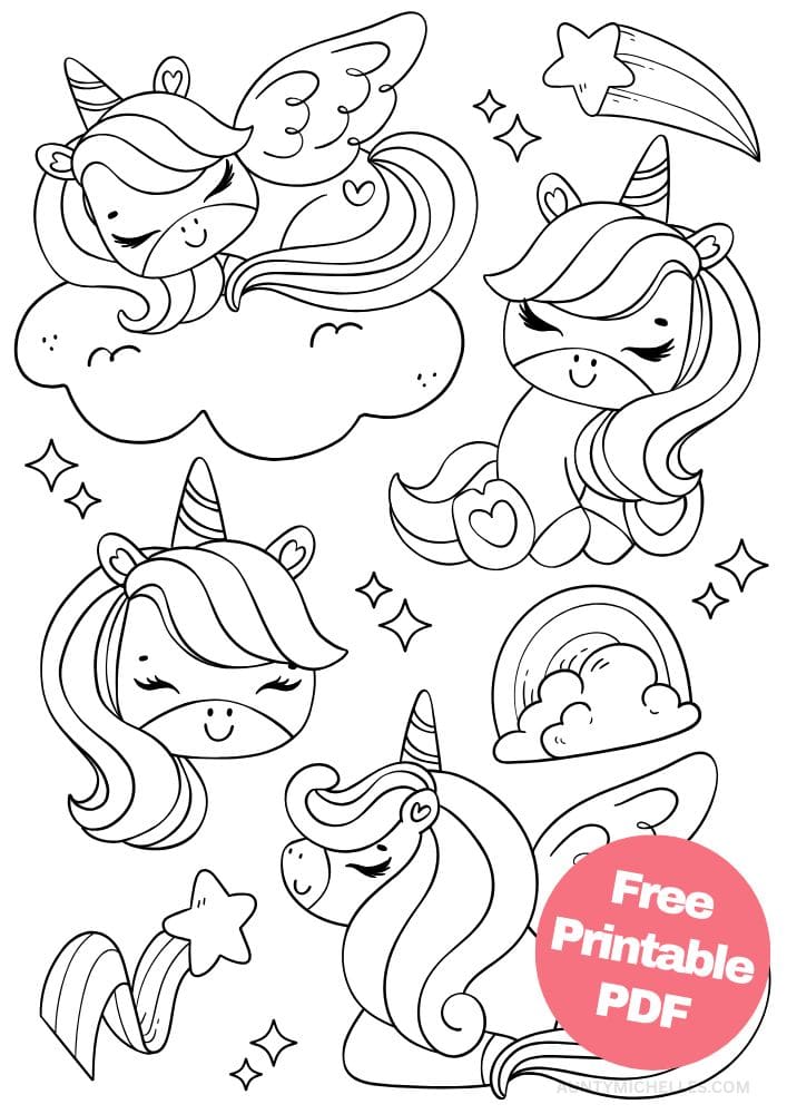 Unicorn Coloring Page for Kids cute sleeping cloud rainbow star