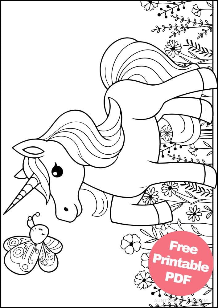 Unicorn Coloring Page for Kids field flower butterfly