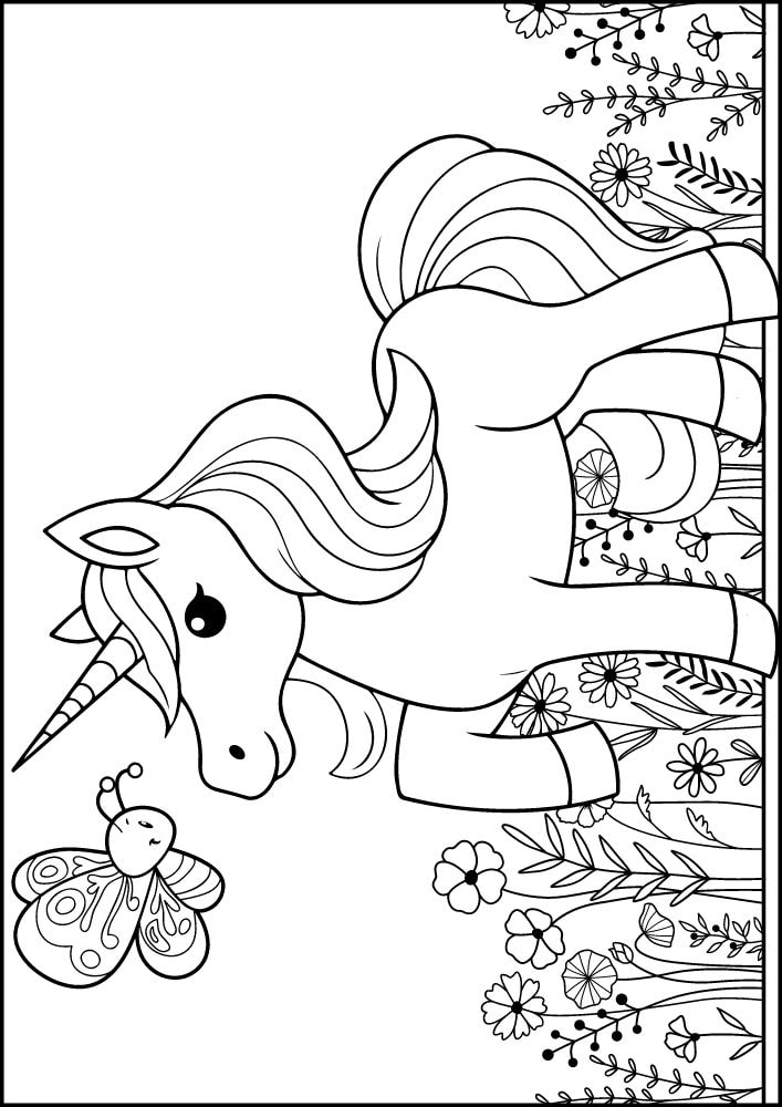 Free Printable Unicorn Coloring Pages for Kids field flower butterfly