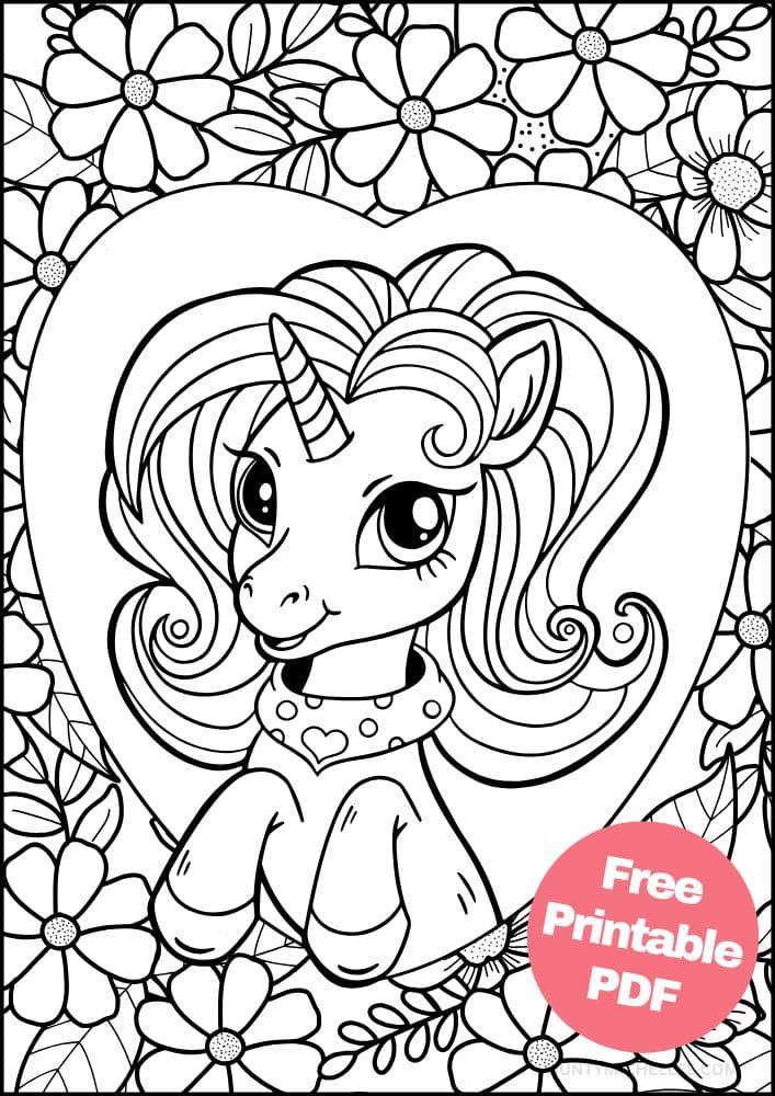 Unicorn Coloring Page for Kids hear flower