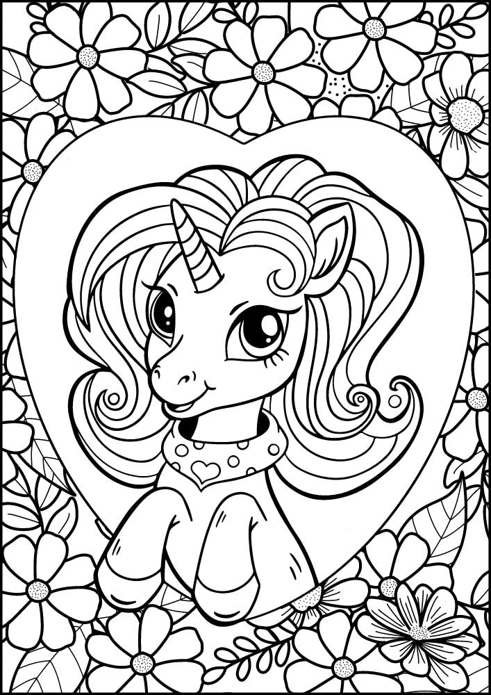 Free Printable Unicorn Coloring Pages for Kids hear flower