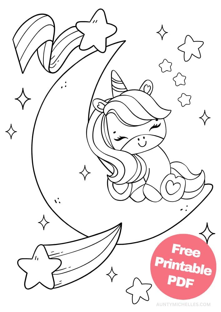 Unicorn Coloring Page for Kids moon shooting star