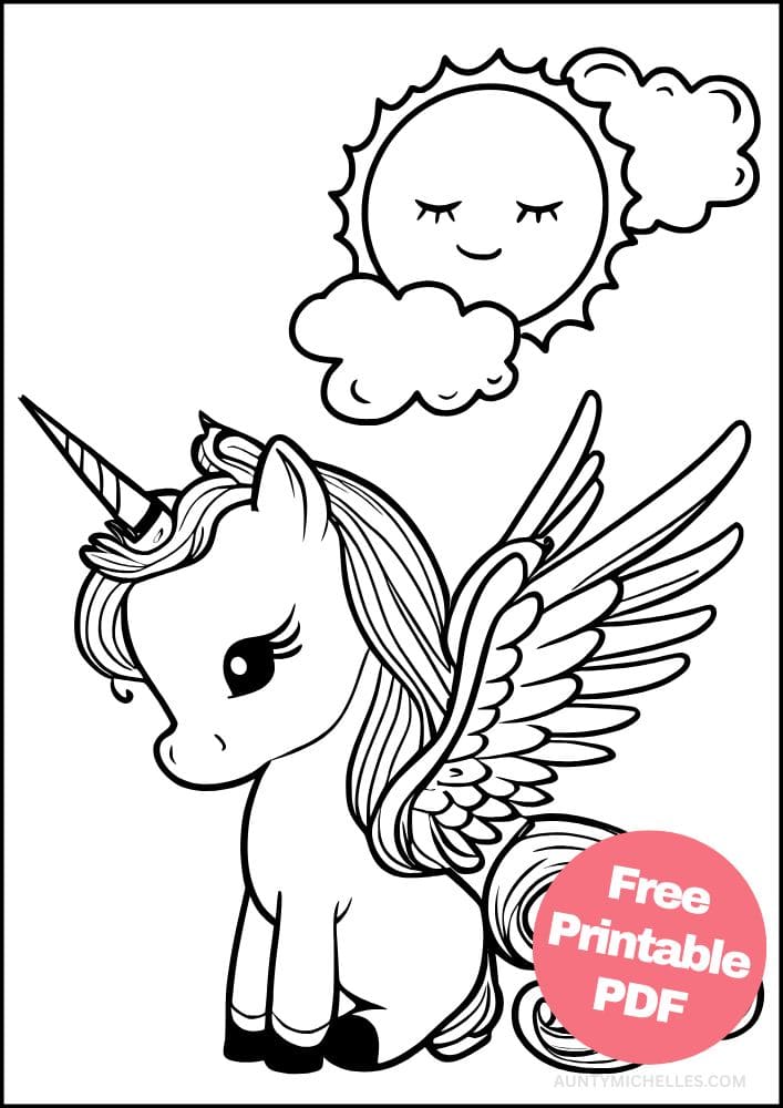 Pegasus coloring page for kids sun clouds cute easy