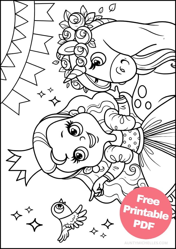 Free Printable Unicorn Coloring Page for Kids princess bird flowers star