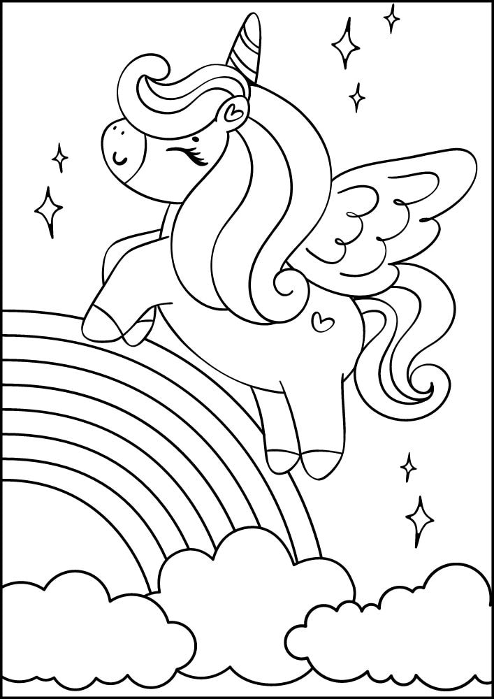 Free Printable Unicorn Coloring Pages for Kids rainbow pegasus clouds star