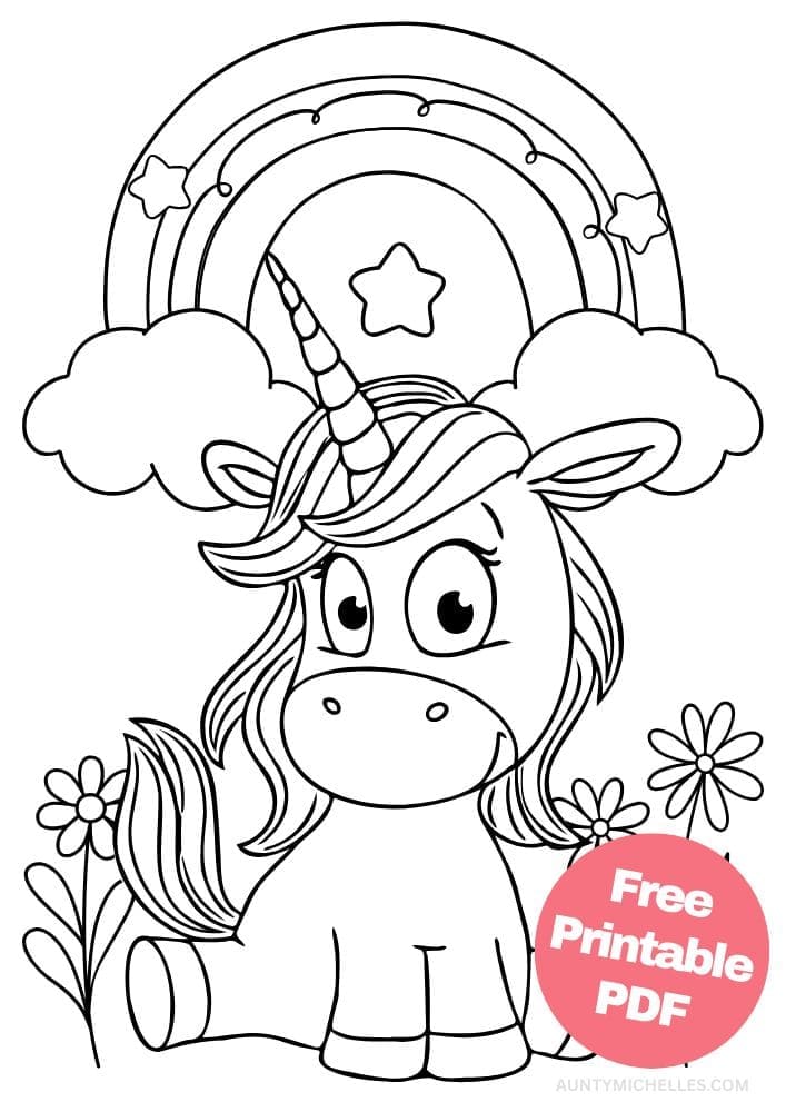 Unicorn Coloring Page for Kids silly goofy rainbow flowers split