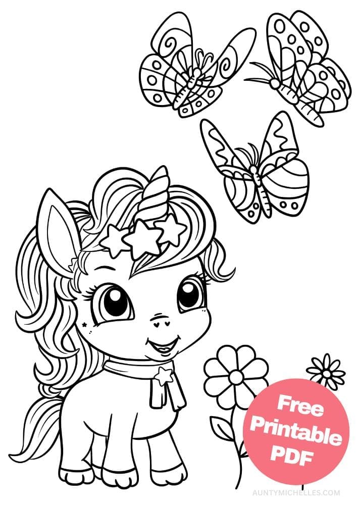 Unicorn Coloring Page for Kids star butterfly flower