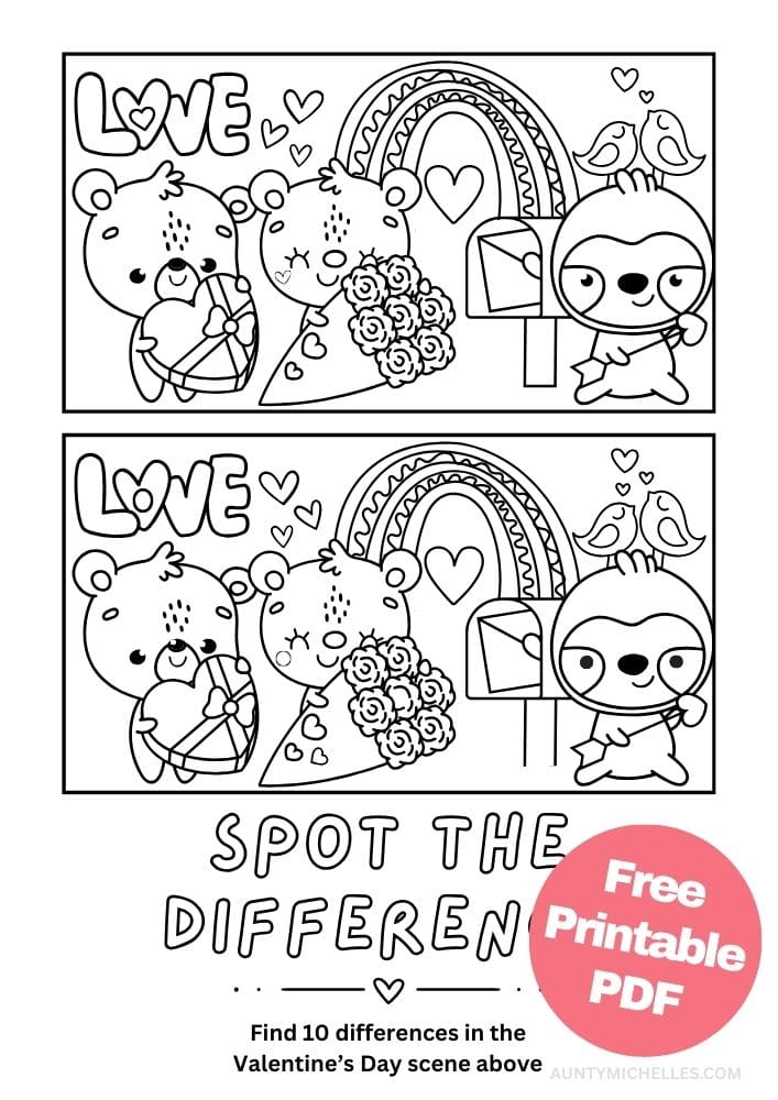 Printable Valentine's Day Spot the Difference Game for Kids