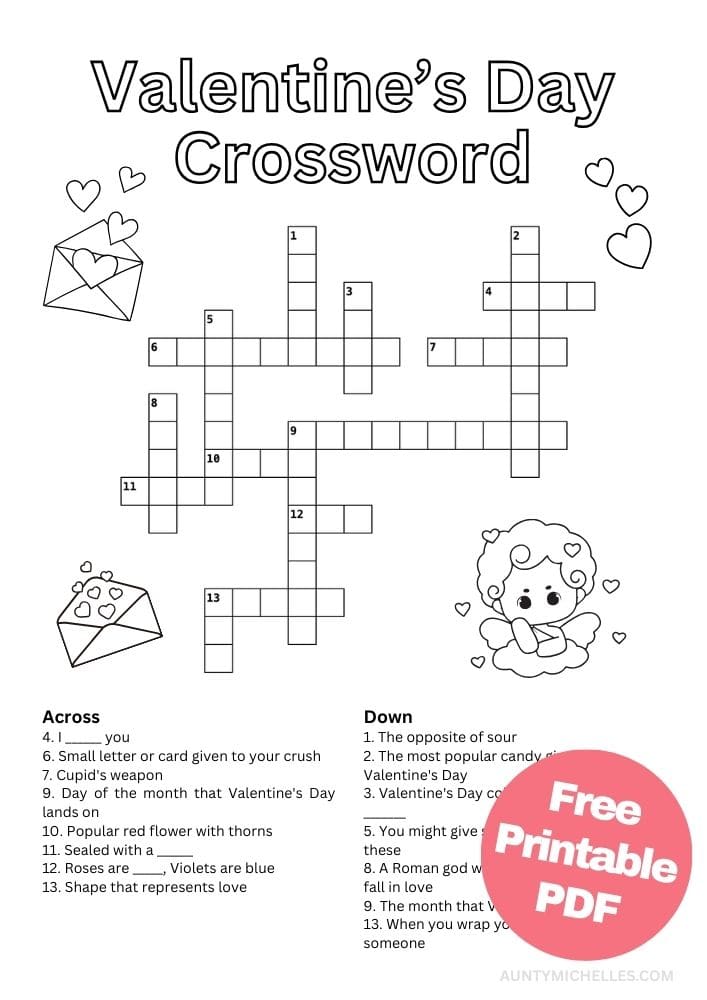 Printable Valentine's Day Crossword Puzzle Game for Kids