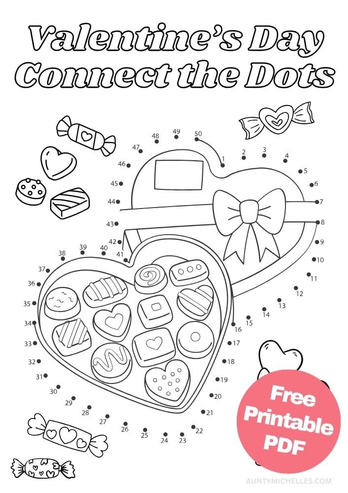 Valentine's Day Heart Shaped Box of Chocolate Dot to Dot (Connect the Dots) printout for kids