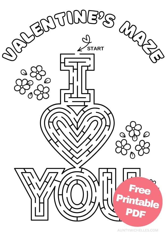 Valentine's I Heart You Maze printout for kids