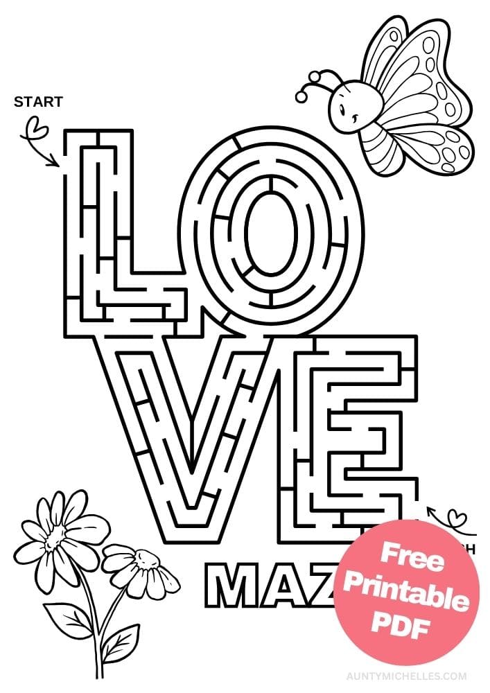 LOVE Maze with butterfly and flower printout for kids