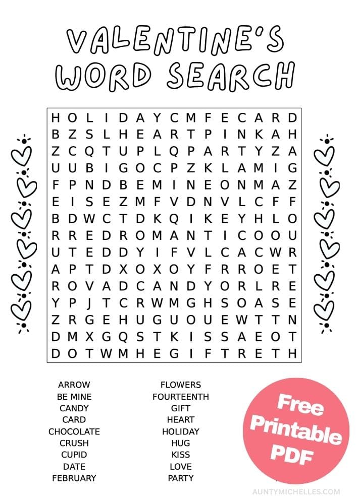 Printable Valentine's Day Word Search Game for Kids