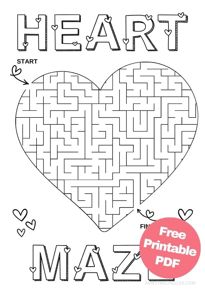 Valentine's Heart Maze printout for kids