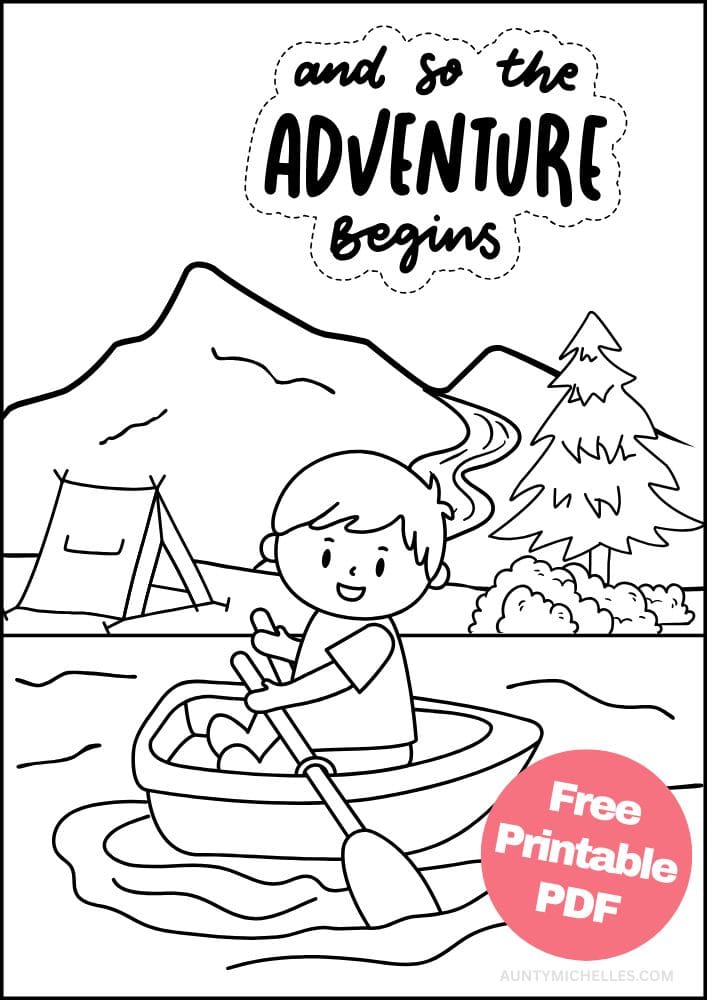 camping coloring page boating and so the adventure begins row boat camper campsite lake tent