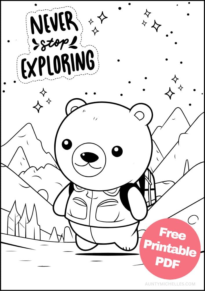 camping coloring page outdoors nature hiking trekking bear cute mountains star gazing