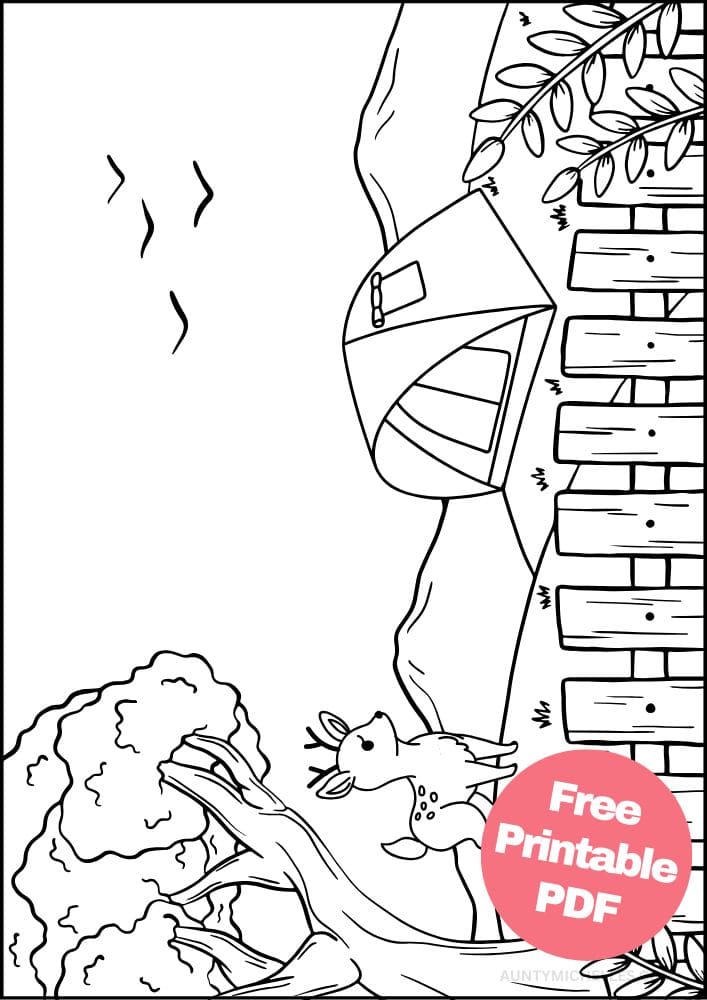 camping coloring page vacation country campsite deer fence tree hills tent