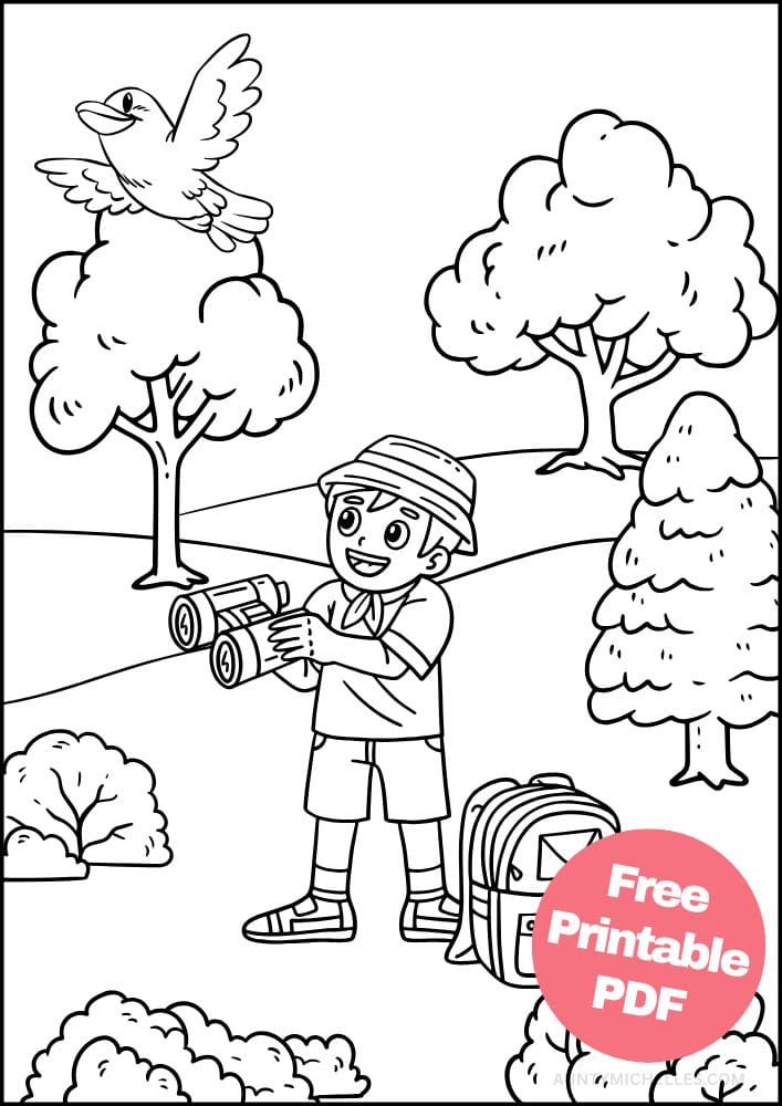 Bird watching coloring page nature bird watching binoculars trees bushes