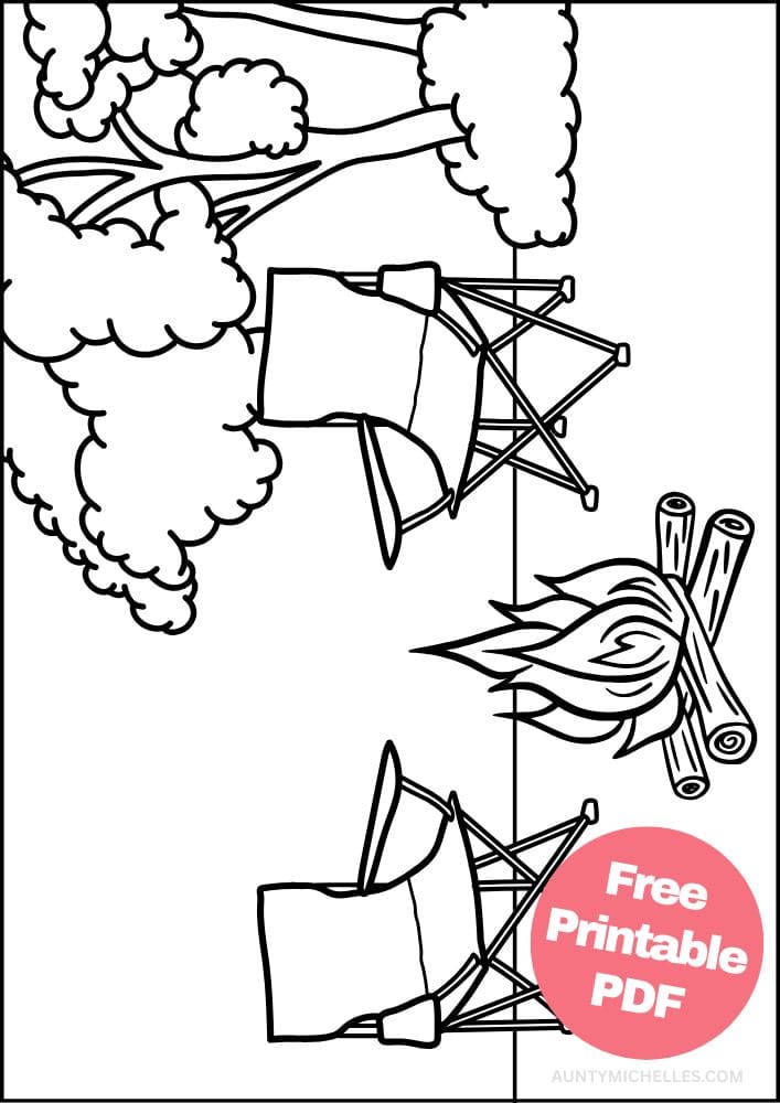 camping coloring page vacation outdoors nature campfire chair tree campfire bonfire