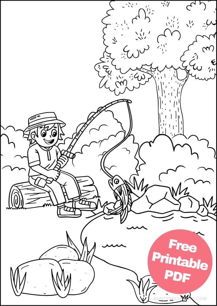 Fishing coloring page vacation outdoors nature fishing forest woods pond