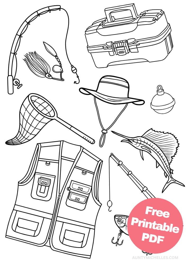 Fishing coloring page vacation outdoors nature fishing gear pole rod net tackle box