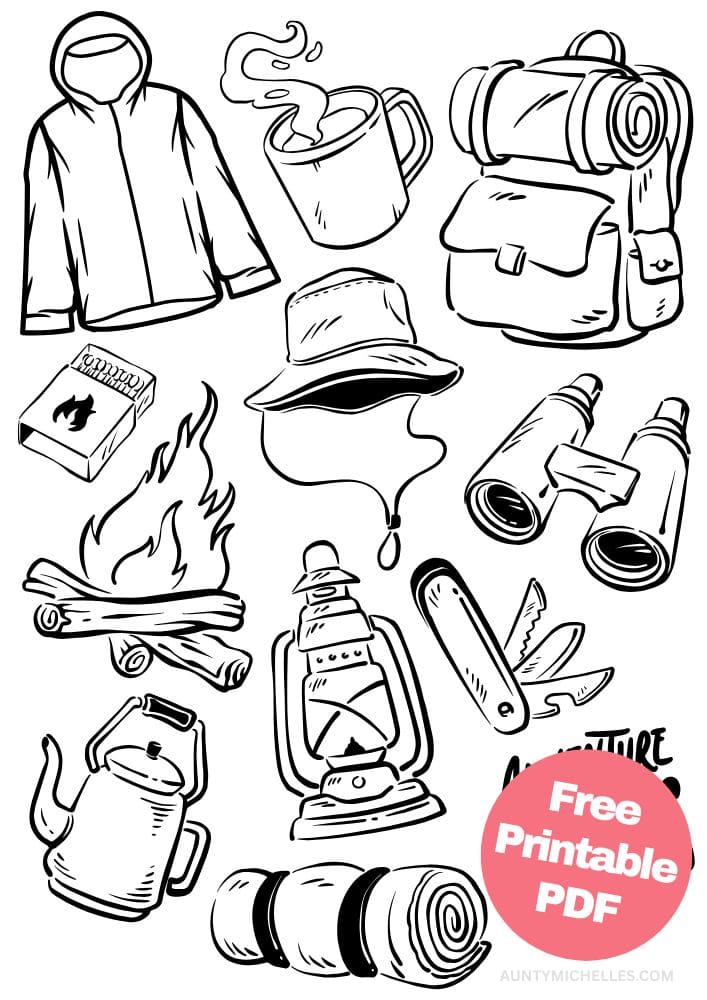 camping coloring page vacation outdoors nature gear equipment packing adventure awaits