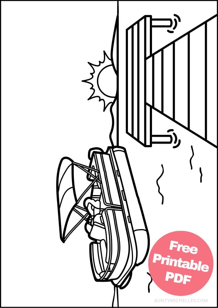 Lake boating coloring page vacation outdoors nature lake dock banana boat pontoon sunset