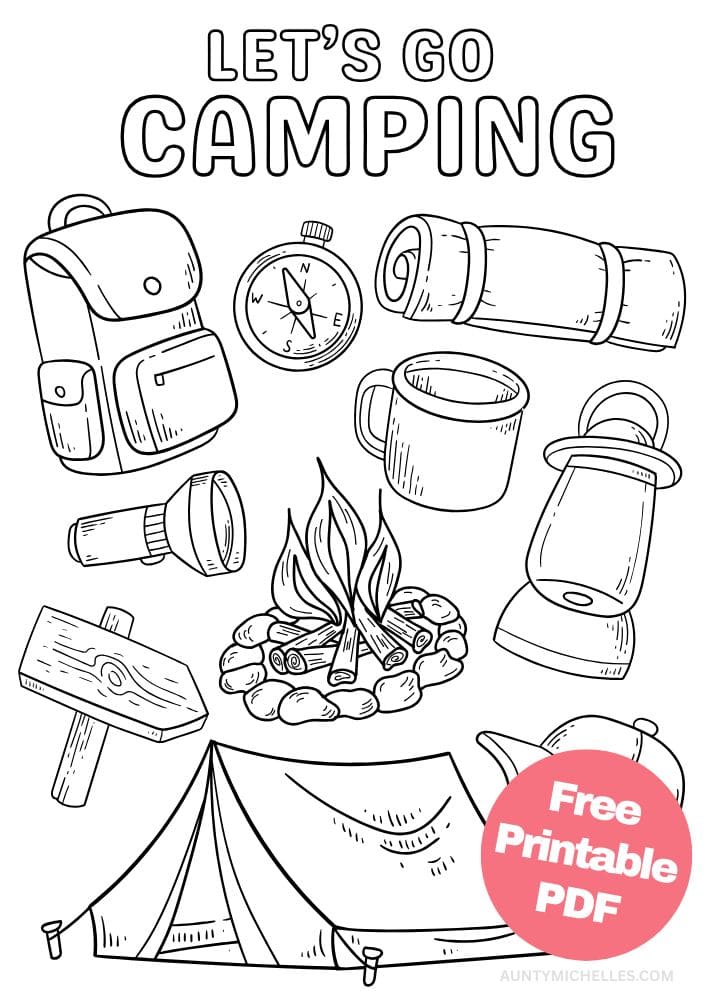 Let's go camping coloring page vacation packing list tent fire campfire sleeping bag compass flashlight lantern mug hat