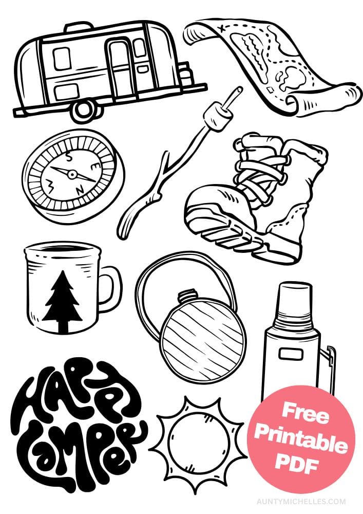 camping coloring page vacation trailer RV camper map thermos happy camper compass