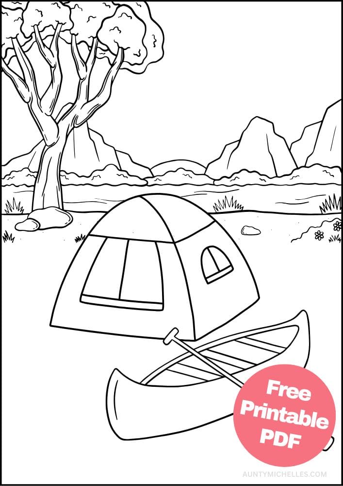 Camping coloring page outdoors river campsite tree mountain tent kayak kayaking
