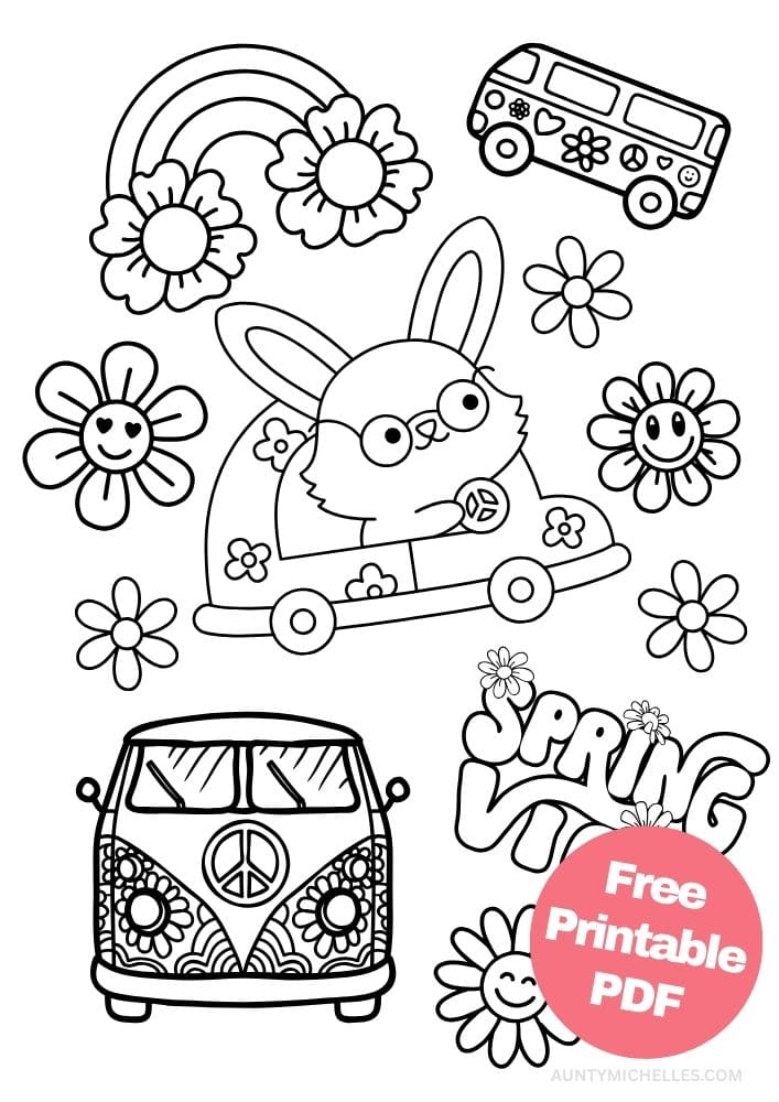 Spring vibes 70s theme coloring page peace sign flower power rabbit