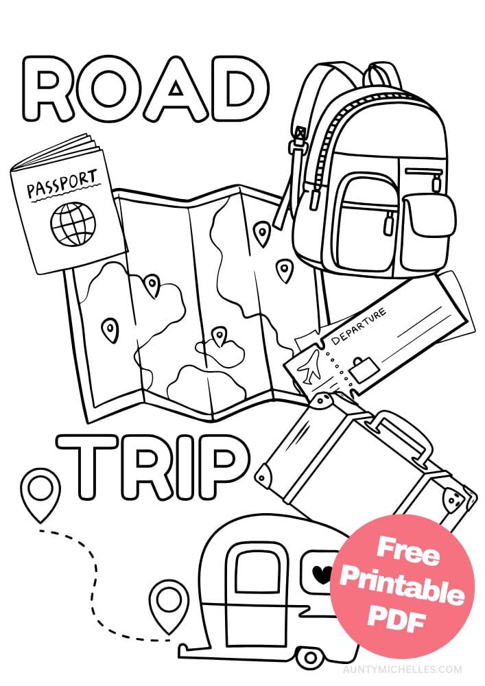 roadtrip coloring page backpack map passport Europe flight suitcase camper