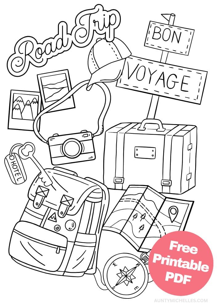 roadtrip coloring page family vacation bon voyage backpack suitcase map compass camera polaroids key