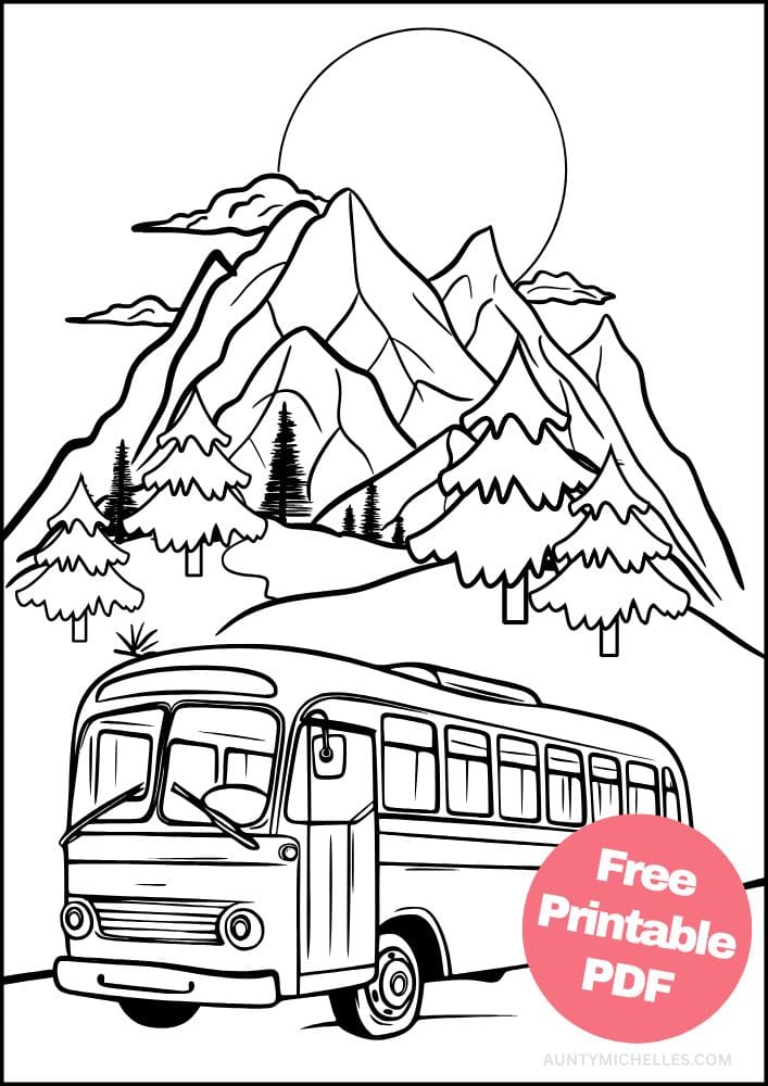 roadtrip coloring page Colorado mountain pine bus forest RV camper sprinter van moon