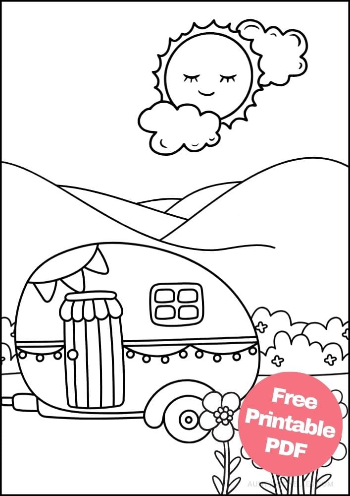 coloring page cute camper sun hills park flowers RV