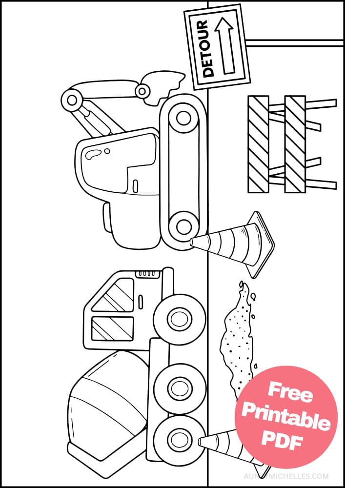 detour construction cement truck hole excavator traffic cone coloring page