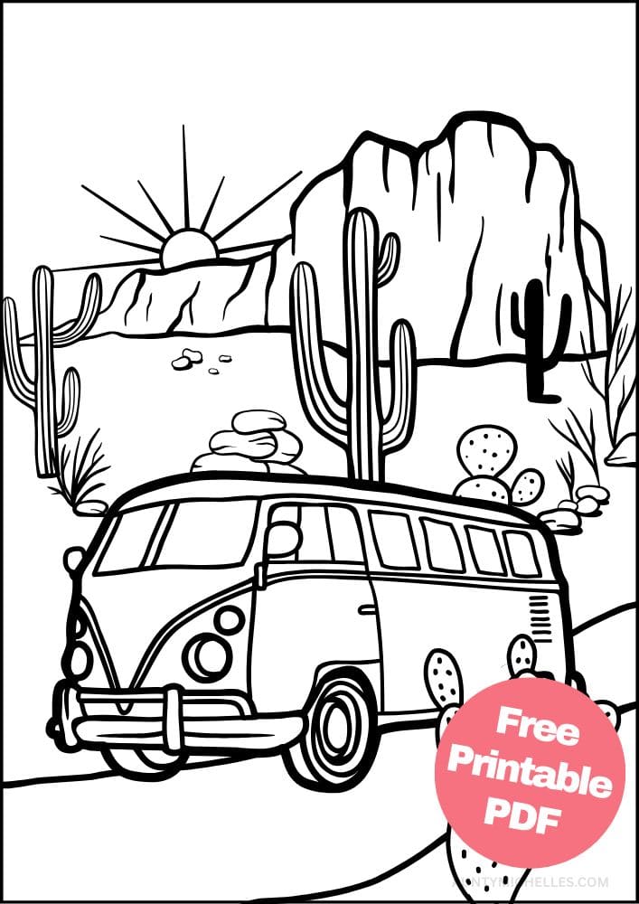 roadtrip coloring page sprinter van camper RV desert cactus Nevada sunset Utah