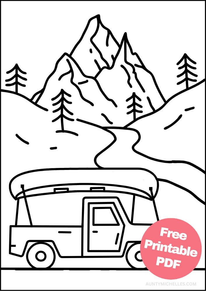 roadtrip coloring page truck kayak mountain river trees 