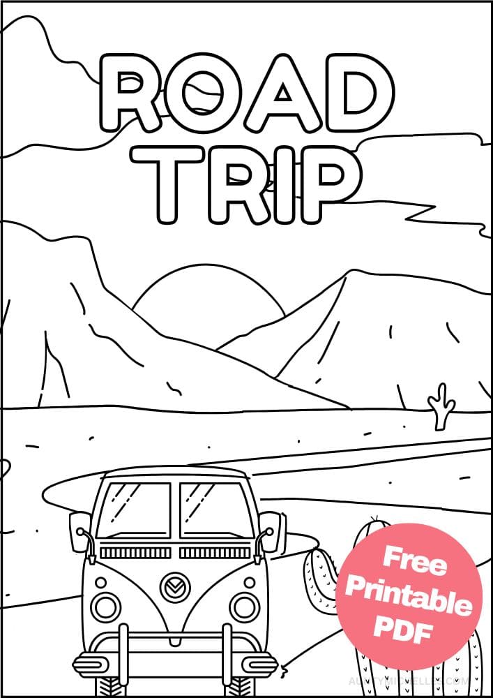 roadtrip coloring page VW Volkswagon sprinter van canyon desert road drive driving mountains Arizona
