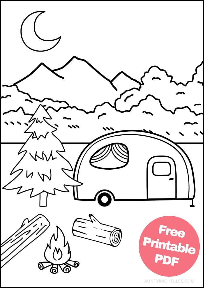 camper RV woods forest nature mountain campsite campfire pine coloring page