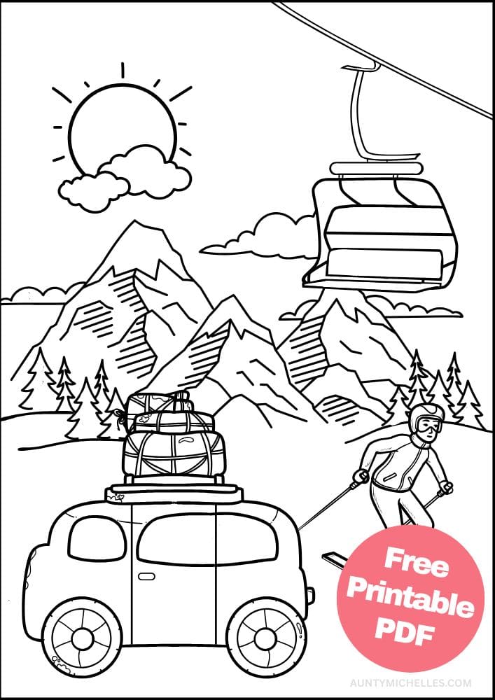roadtrip coloring page Colorado Utah mountain skiing ski lift van camper luggage winter snow