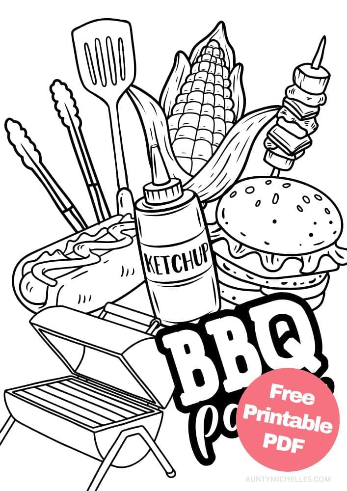BBQ party coloring page with a grill, hamburger, ketchup, hotdog, kebab skewer, corn on the cob, and tongs