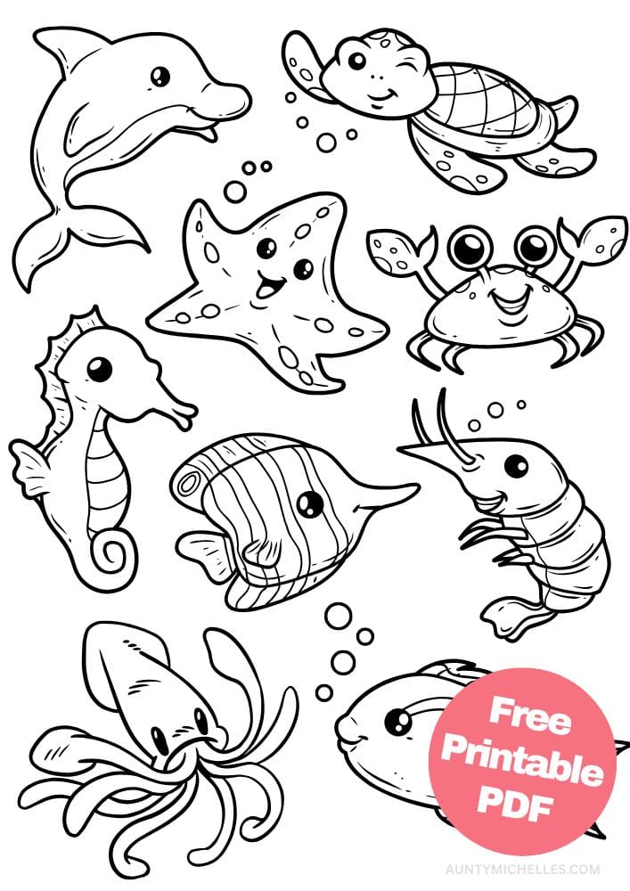 Summer inspired coloring page with  dolphin seaturtle starfish crab seahorse ocean animals octopus  shrimp dolphin fish