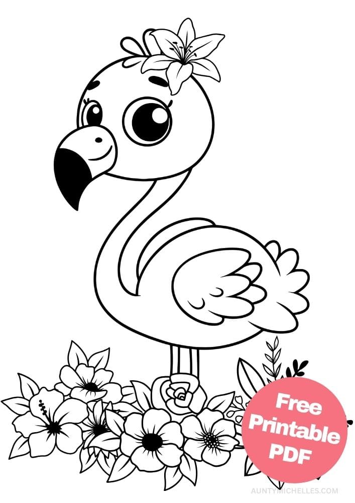 Summer coloring page with a cute flamingo surrounded by tropical flowers