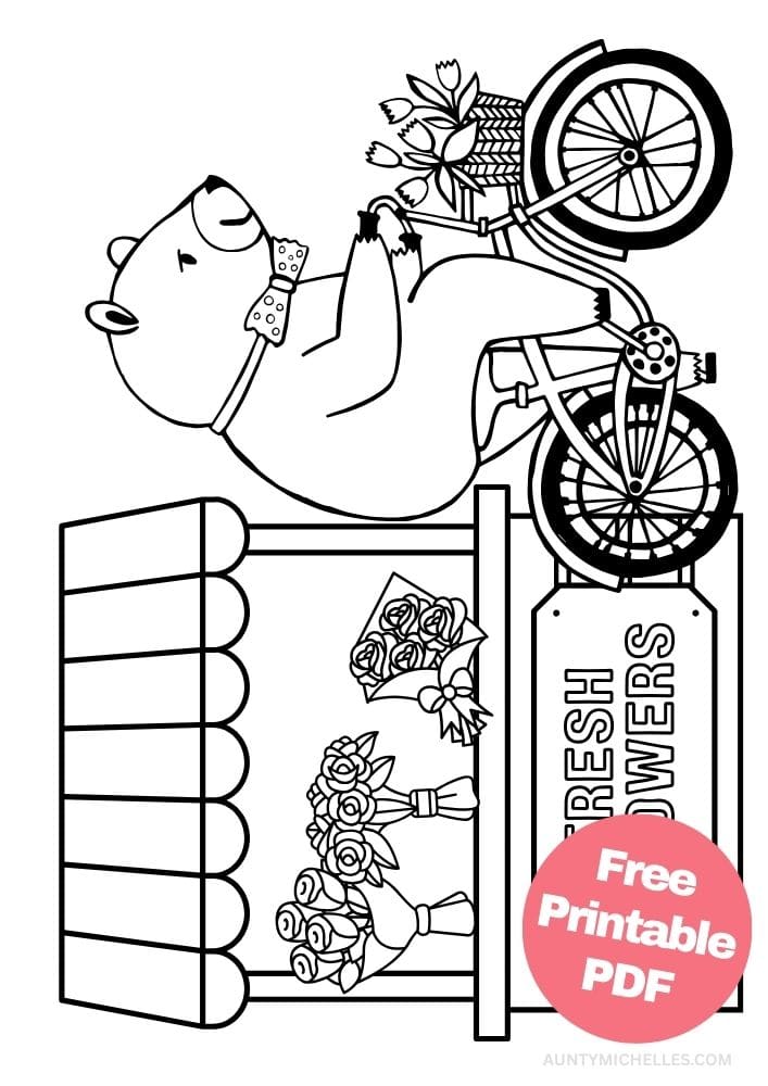 Summer inspired coloring page with a bear riding a bicycle past a flower stand