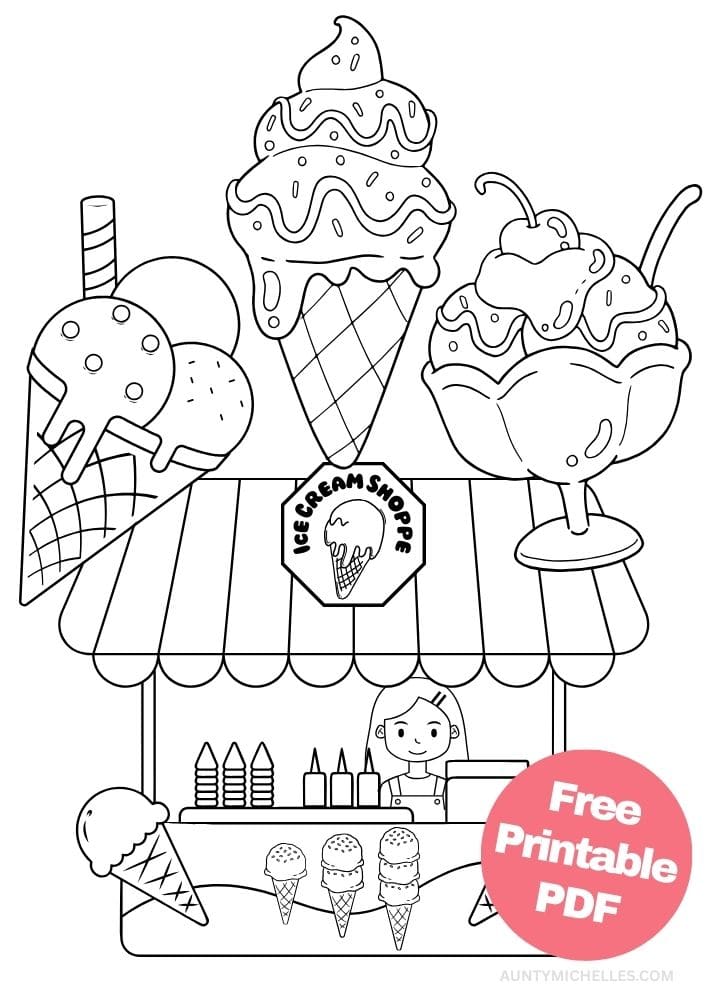 summer coloring page with an ice cream stand, ice cream shoppe sign, ice cream parlour with sundae and cone signs