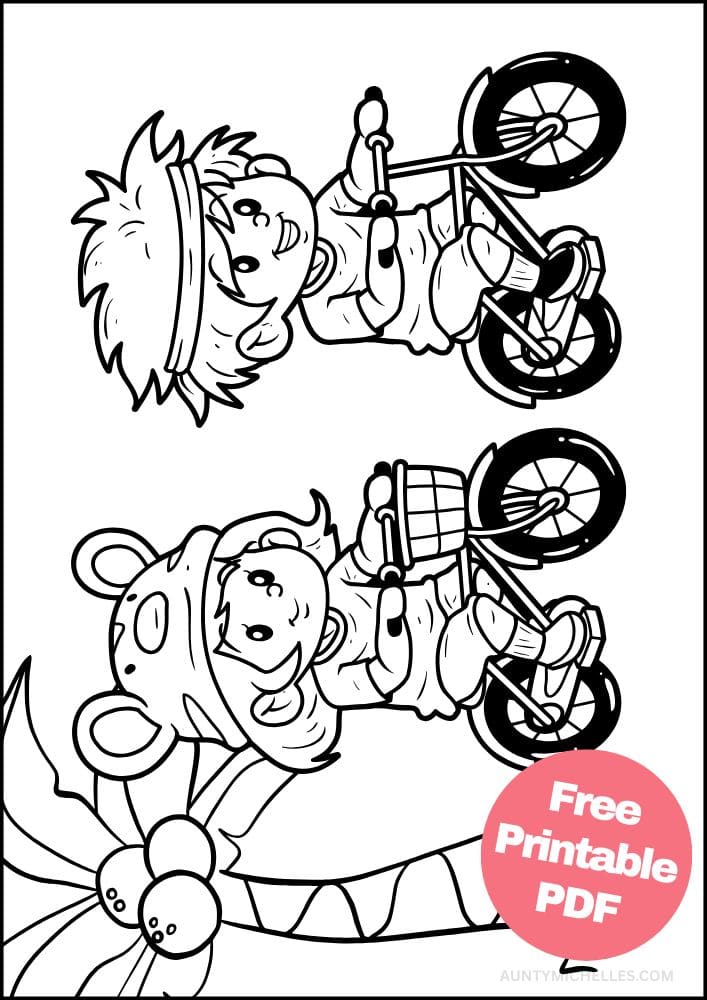 Summer coloring page with two kids riding their bikes on the beach by a palm tree